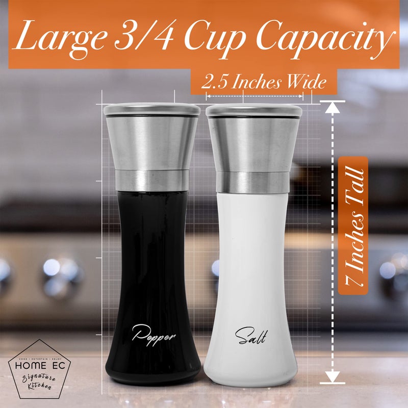 HOME EC Stainless Steel Salt and Pepper Grinder Set of 2 - Adjustable Ceramic Sea Salt Grinder & Pepper Grinder - Glass Salt and Pepper Shakers - Pepper Mill & Salt Mill W/Funnel - Black and White - Image 4